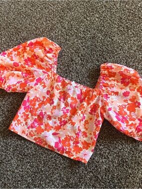 Pink Blush Floral Off-Shoulder Puff Sleeve Structured Crop Top Size Medium